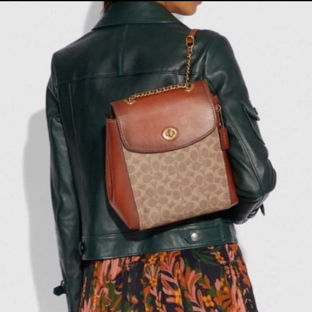 Coach parker backpack tan rust brass leather signature canvas